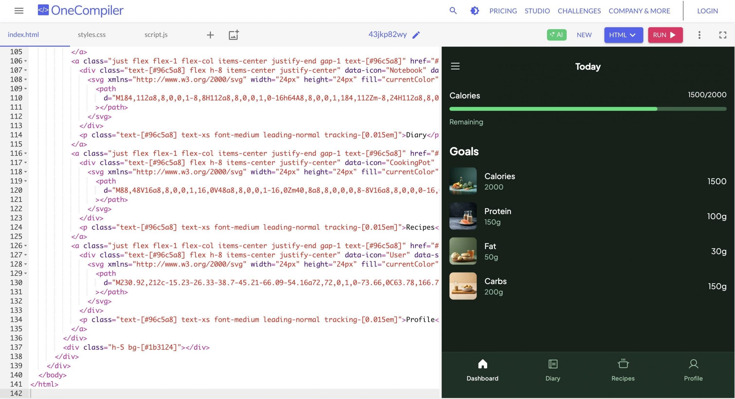 OneCompiler و قابلیت ادیت HTML با استیچ